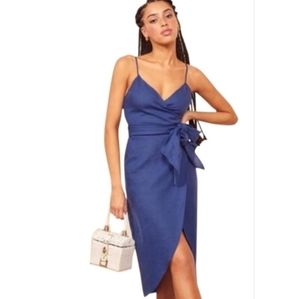 Reformation $198 blue linen wrap dress